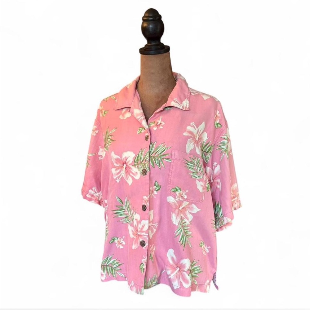Women’s XL Tommy Bahama Hawaiian Shirt Pink Hibiscus Boxy Preppy Summer Vacation